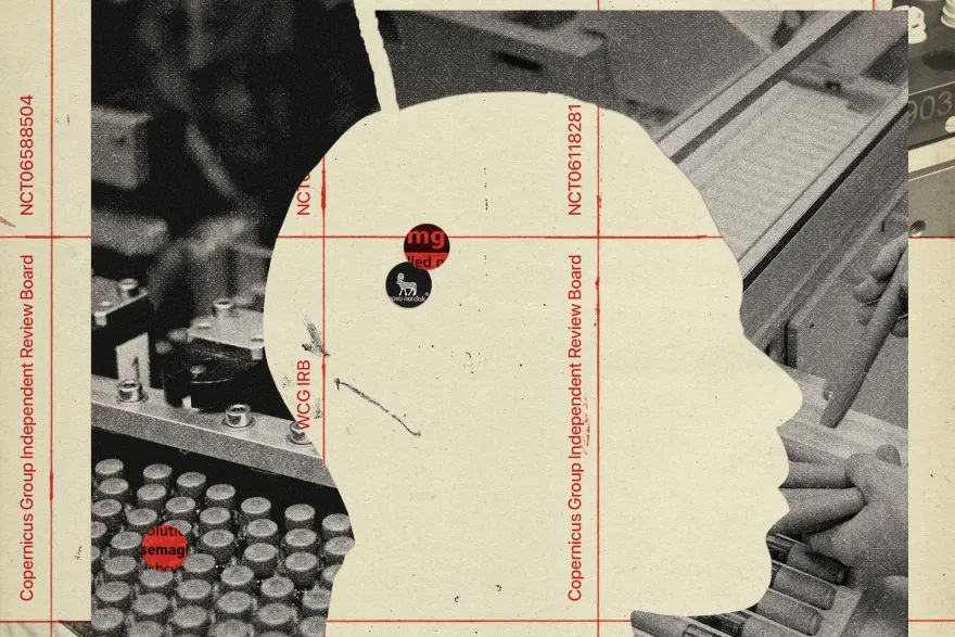 Imagem de uma insdustri farmacêutica ao fundo com um contorno de um rosto a frente